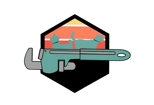 Blue wrench with retro sunset background in a black and white hexagon frame.