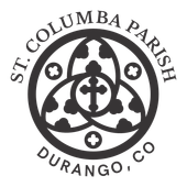 The logo for st. columba parish shows a church with a cross in the doorway.