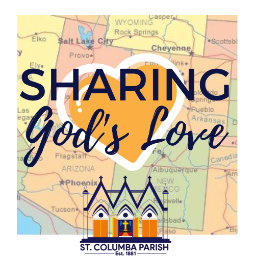 A map of the united states with a heart in the middle that says sharing god 's love.