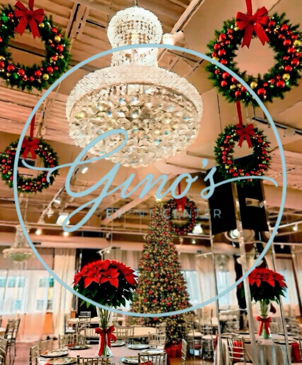 Christmas-decorated event space with wreaths, a tree, poinsettias, and a large chandelier; the logo Christmas-decorated event space with wreaths, a tree, poinsettias, and a large chandelier; the logo