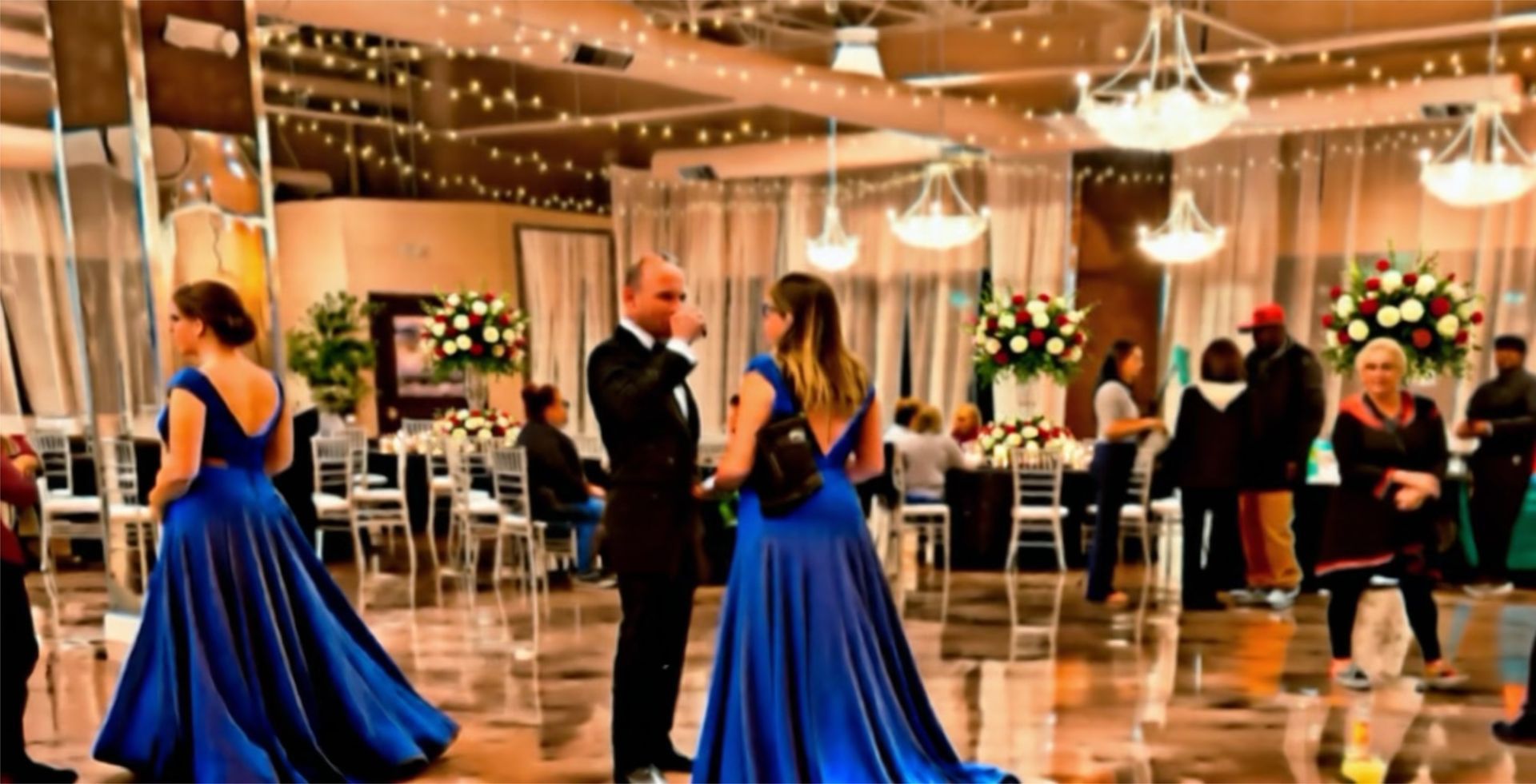 Ballroom with tables set for an event; white linens, purple accents. Empty, elegant space.