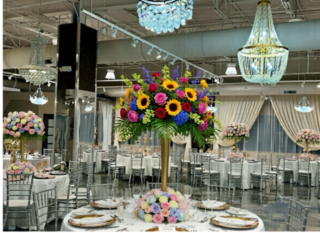 Elegant ballroom with decorated tables, chandeliers, and large floral centerpieces.