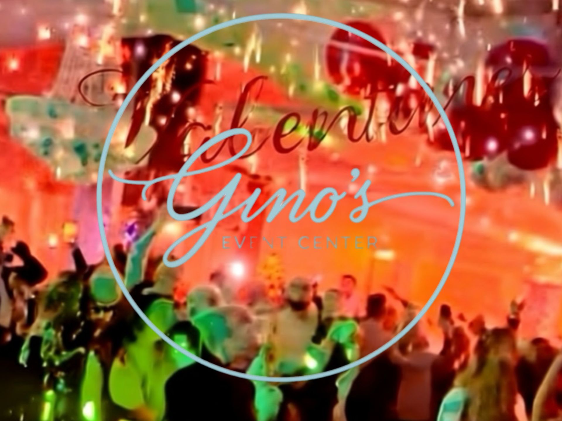 Dancing crowd with balloons at Gino's Restaurant. Circular logo overlay with cursive text. Red and blue lights.