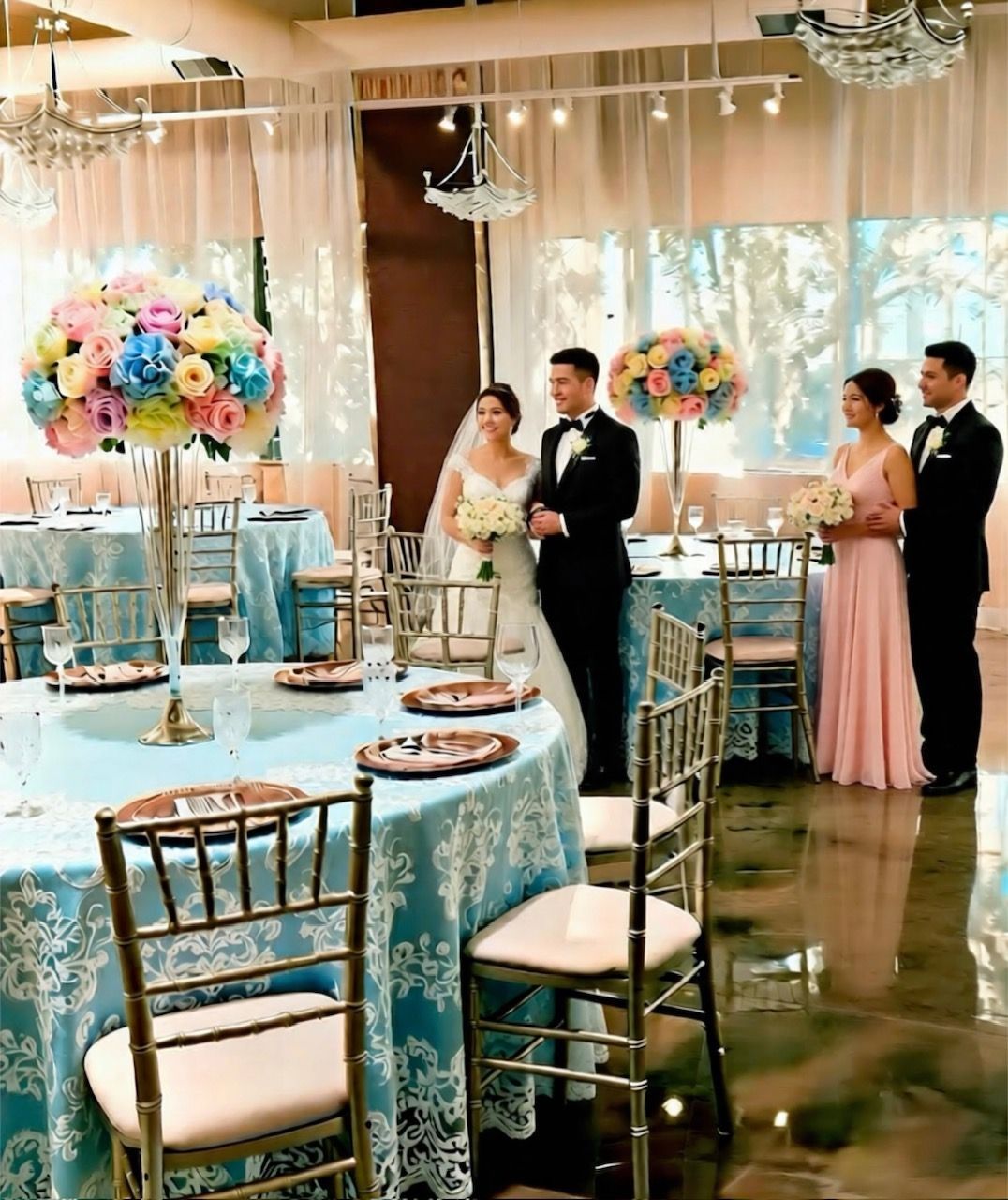 Wedding reception with bride and groom, bridesmaid, and tables decorated with flowers and light blue tablecloths. Wedding reception with bride and groom, bridesmaid, and tables decorated with flowers and light blue tablecloths.
