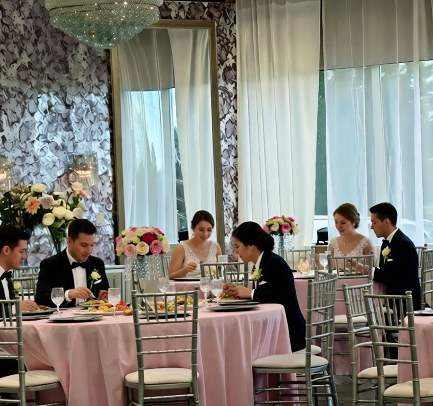 Elegant wedding reception table setting with gold chargers, white napkins, and floral centerpiece.