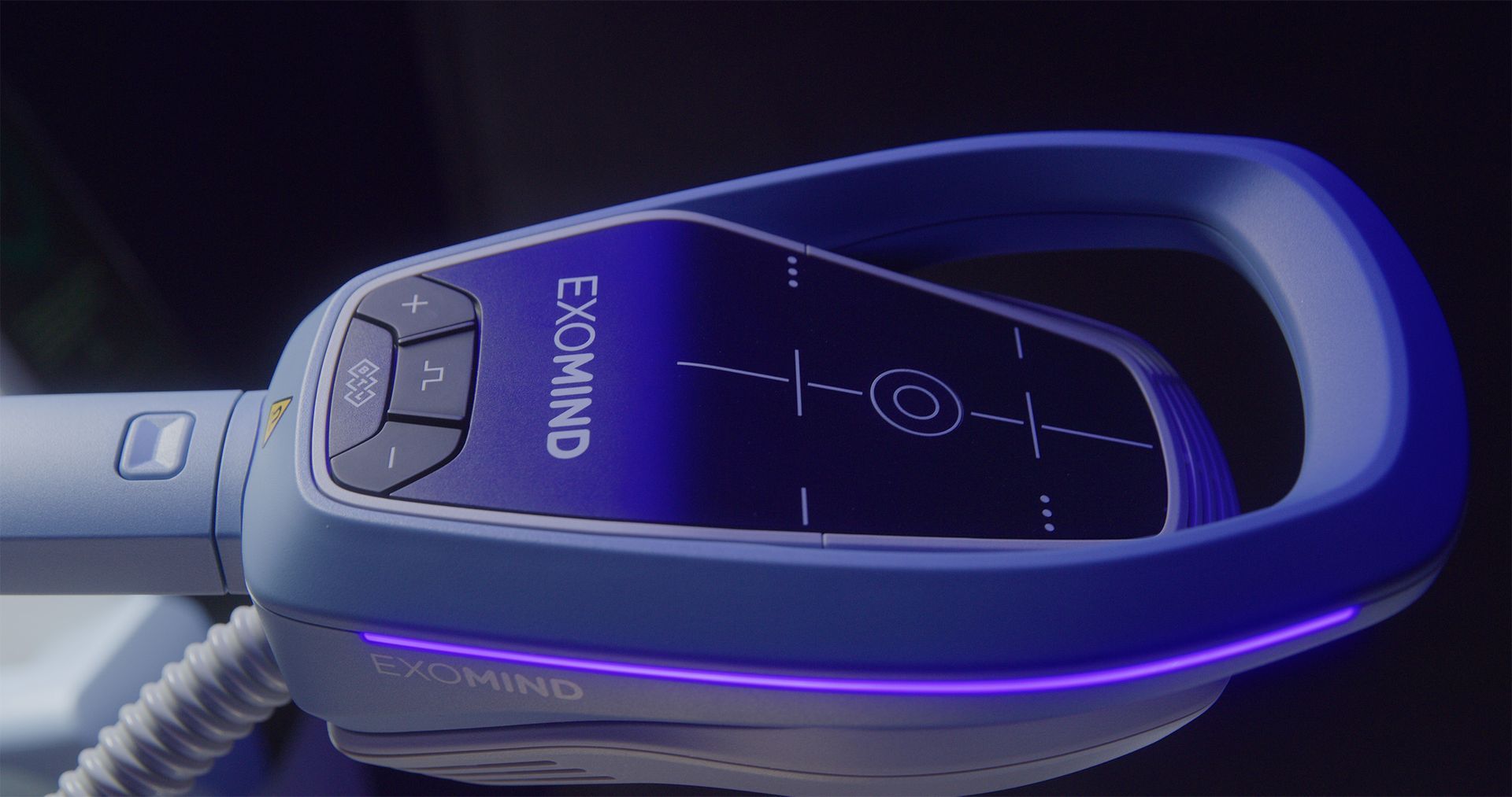 Blue-and-white handheld device with purple LED ring and an illuminated display screen