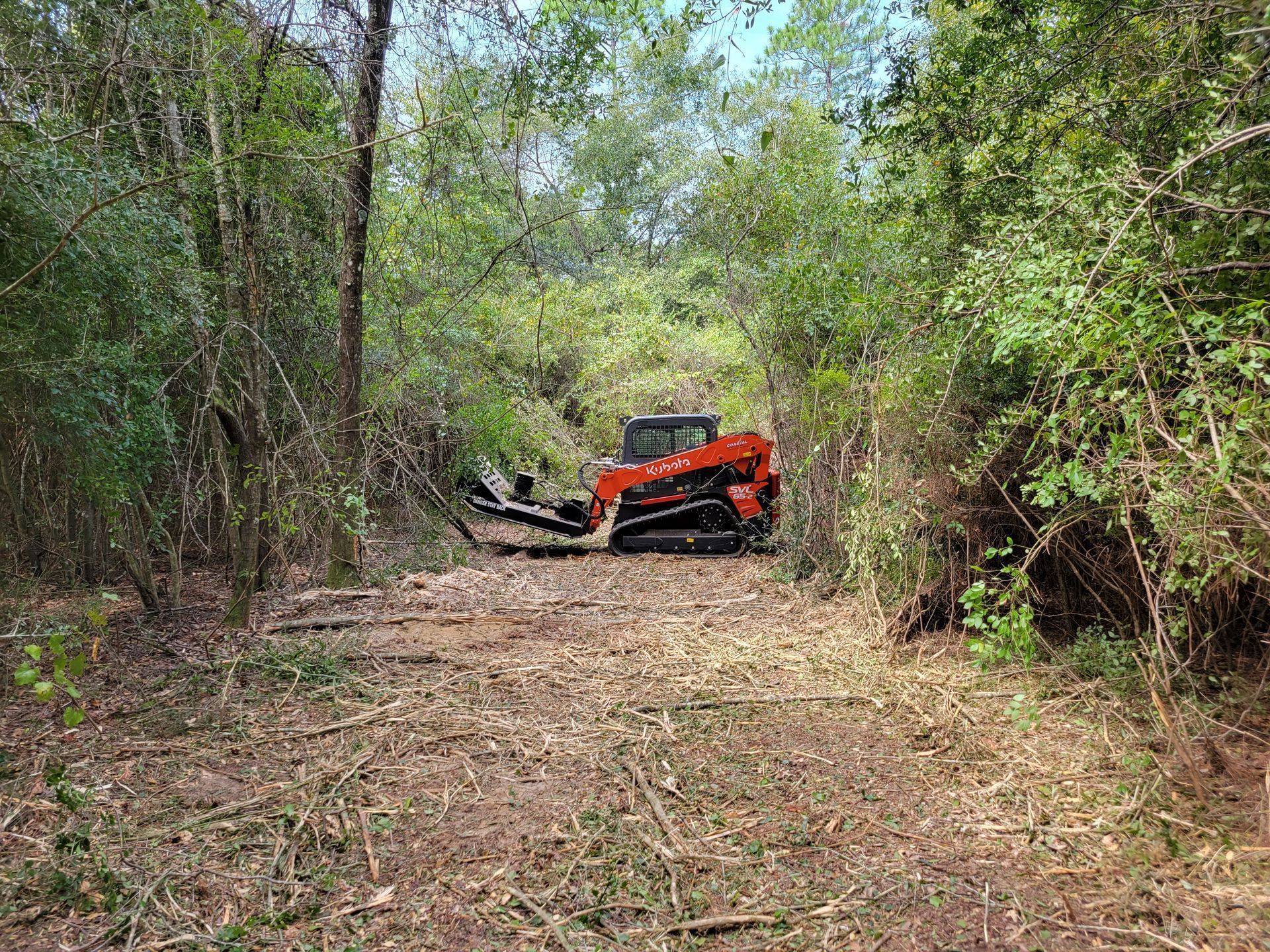A bulldozer is driving down a dirt road in the woods.