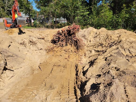 An excavator is digging a hole in the dirt next to a pile of dirt.