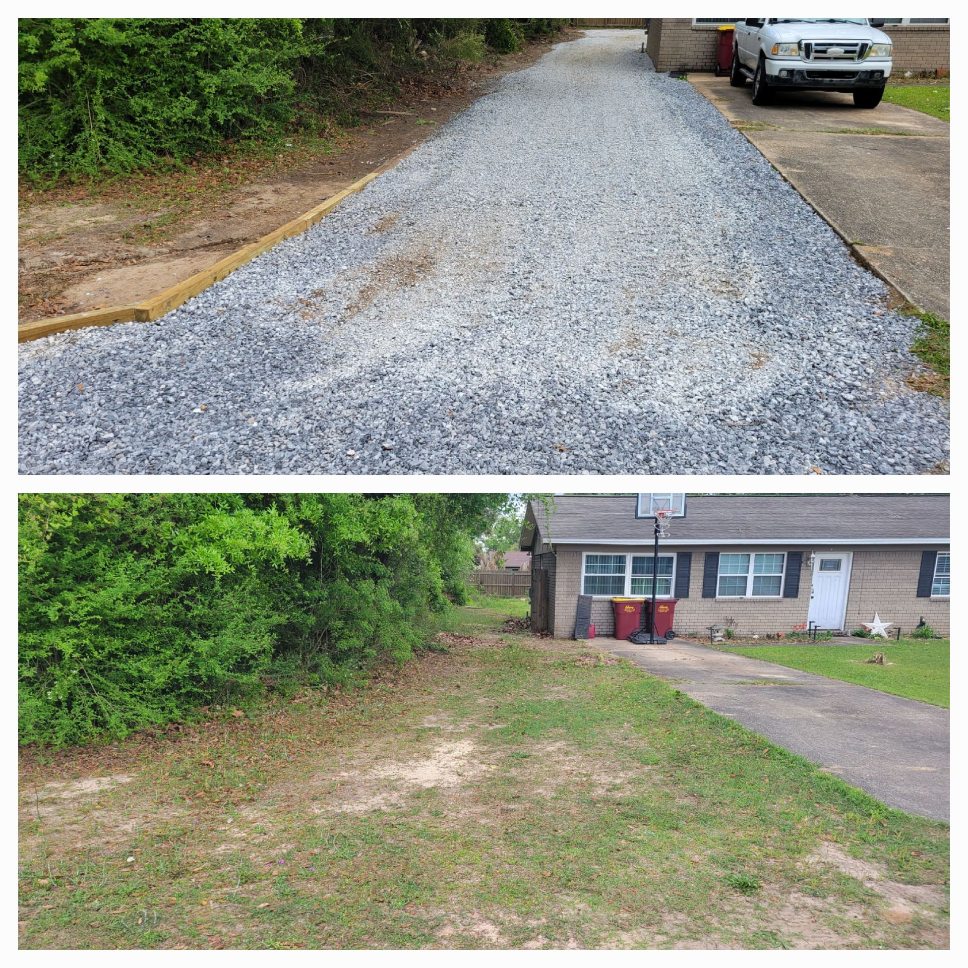 A before and after picture of a gravel driveway and a house.