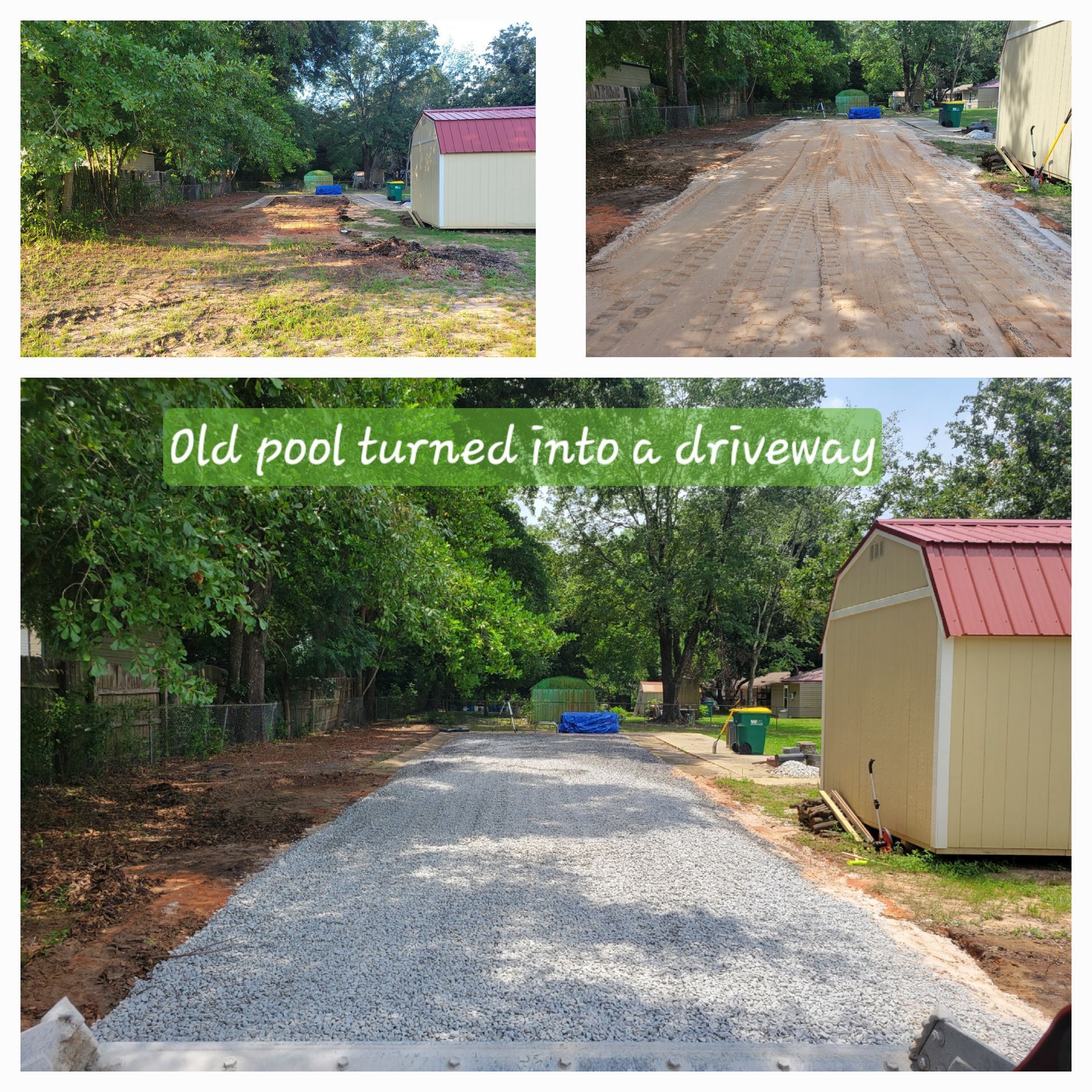 An old pool has been turned into a driveway.