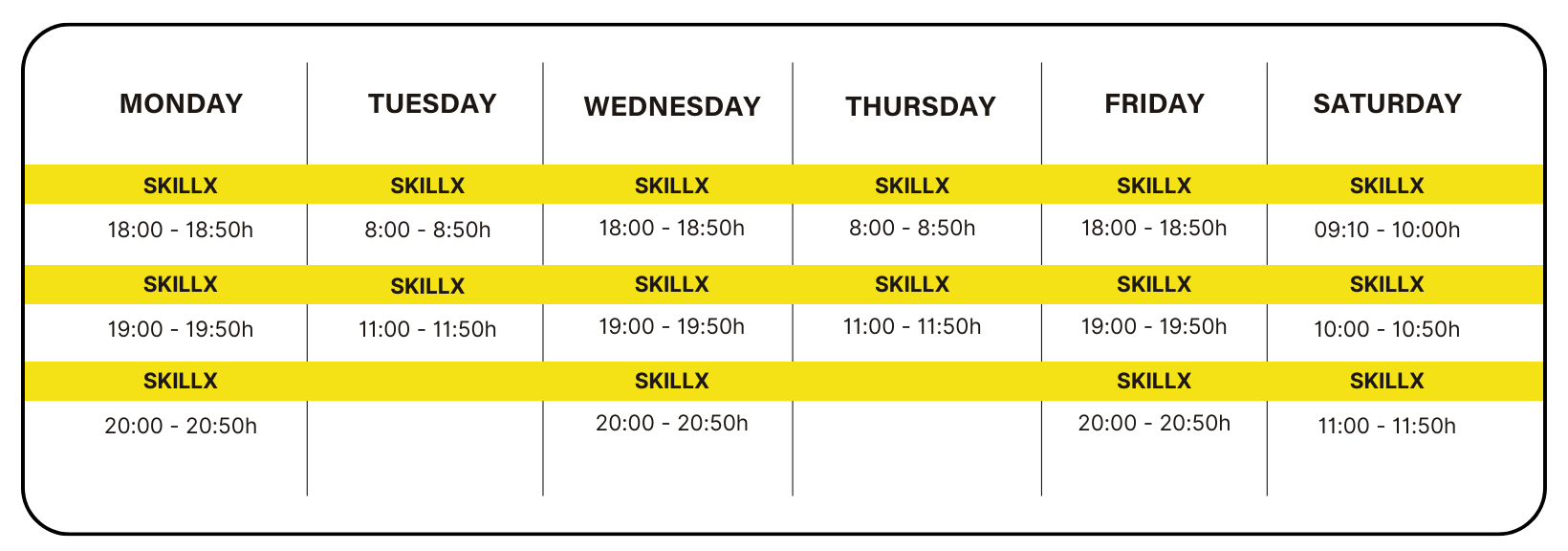 SkillX Class Schedule at Sky Experience
