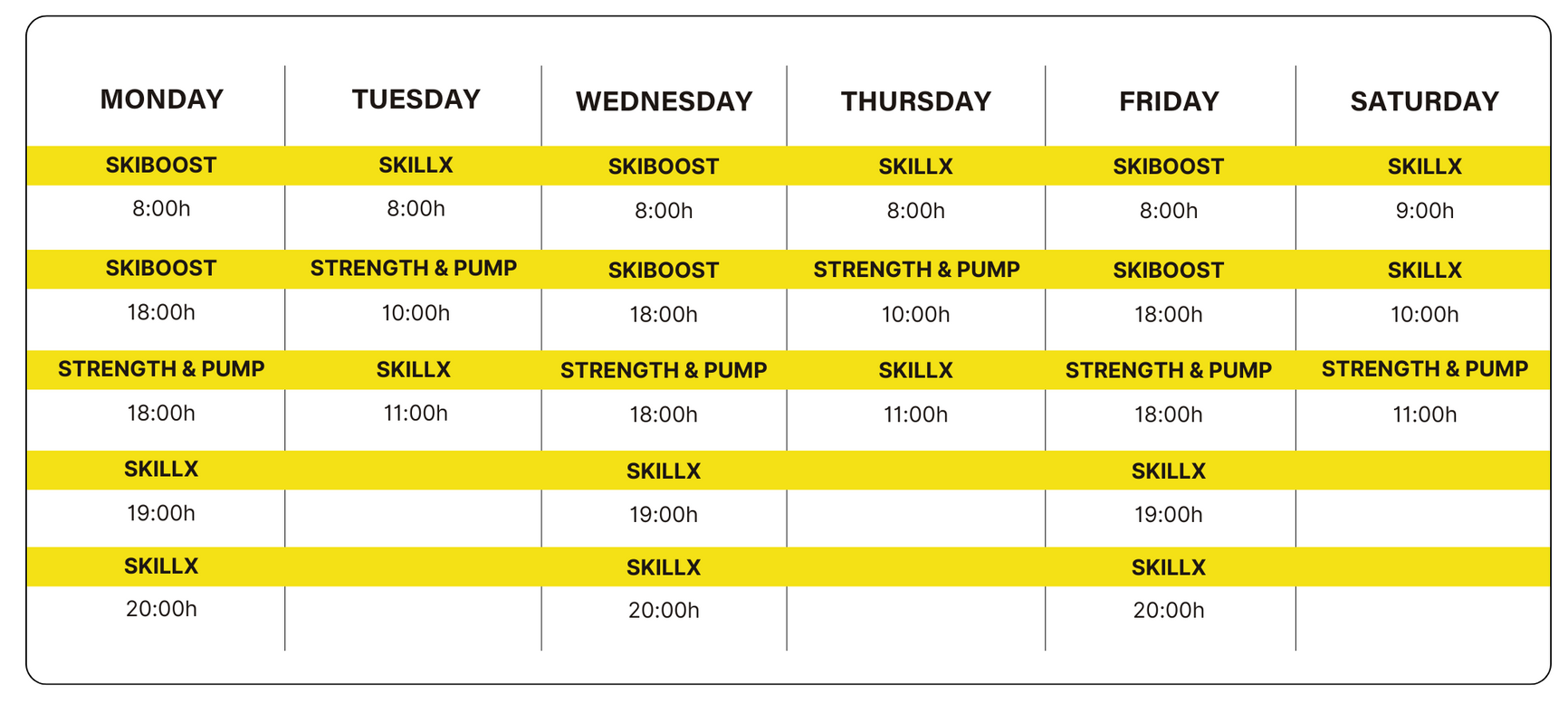 SkillX Class Schedule at Sky Experience