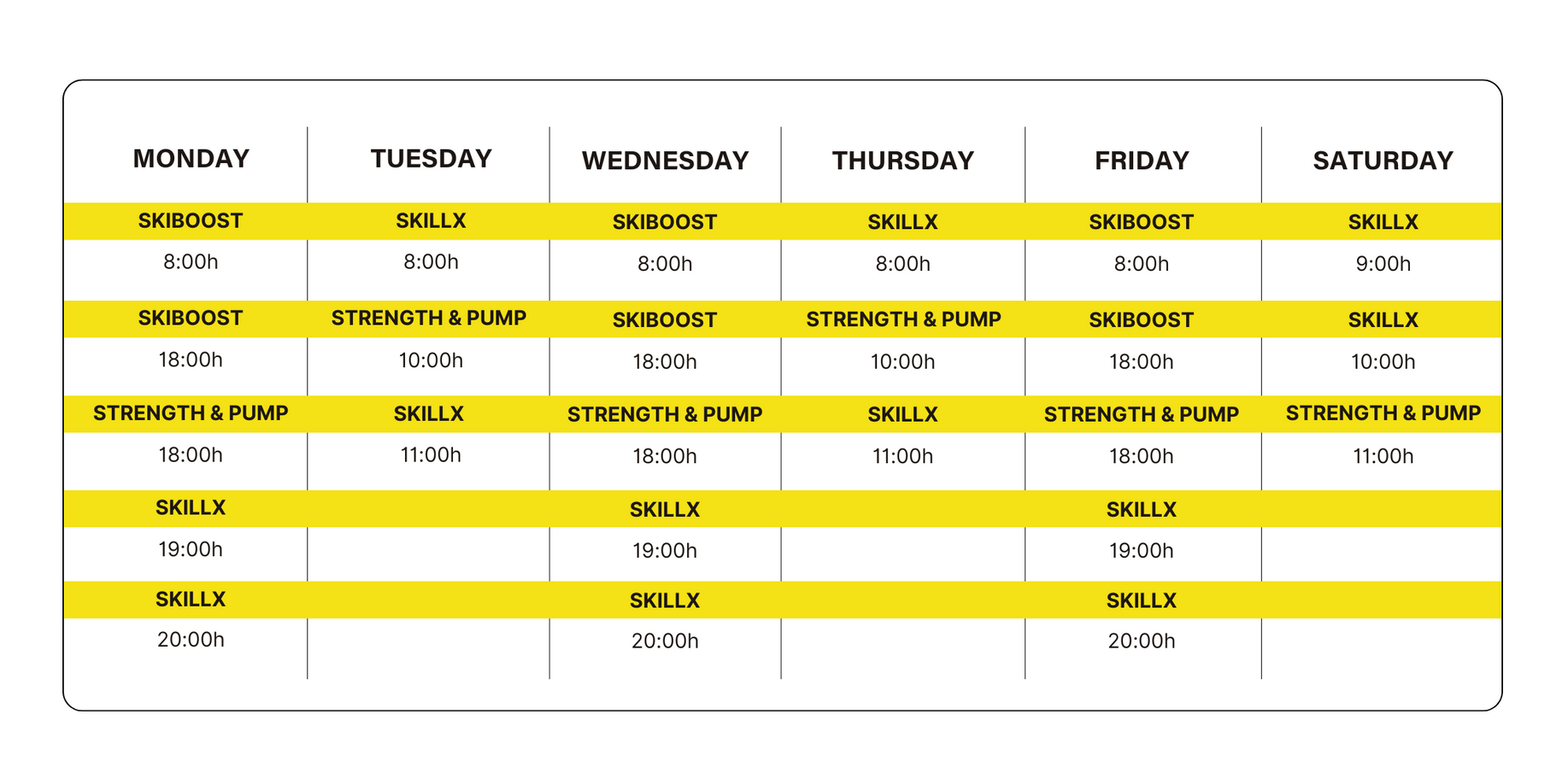 SkillX Class Schedule at Sky Experience