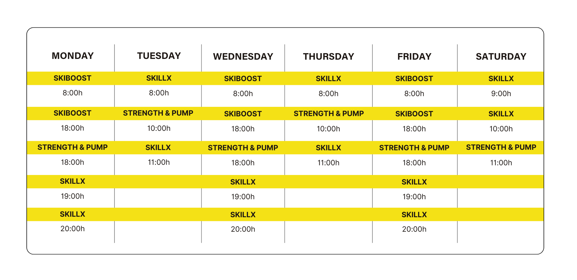 A yellow and white schedule 