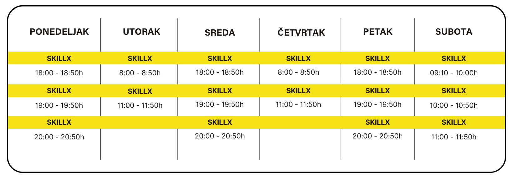 SkillX Class Schedule at Sky Experience