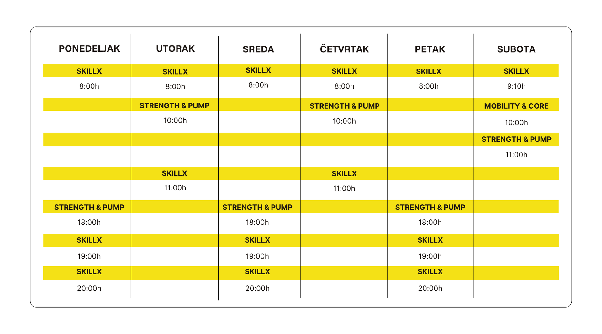 A yellow and white schedule 