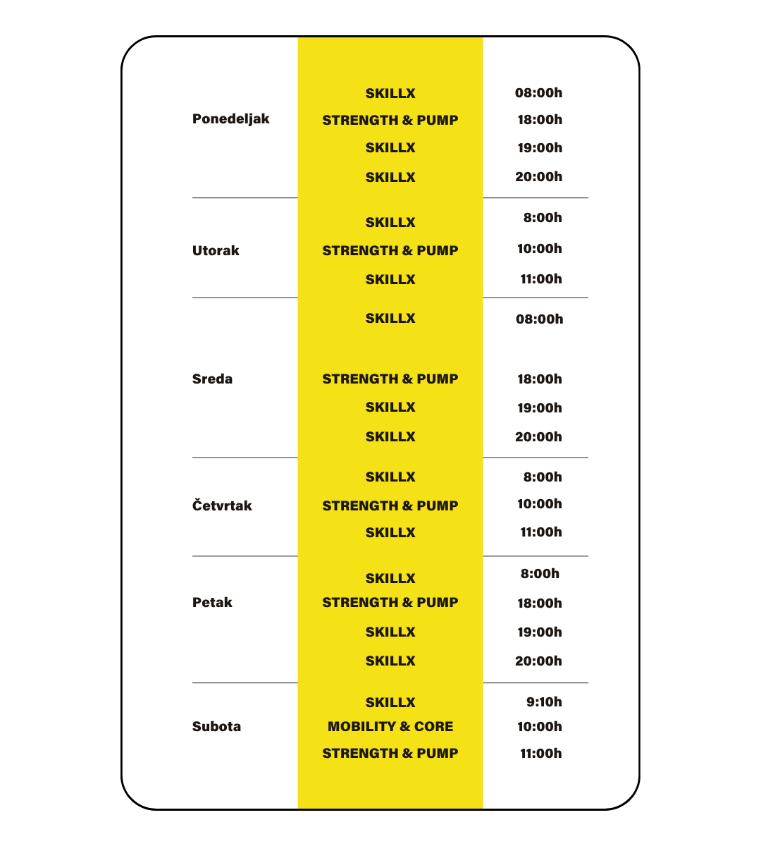 A schedule for strength and pump on monday through saturday