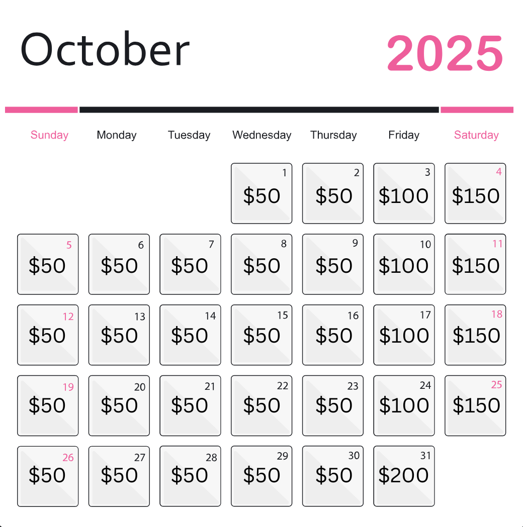 A calendar for the month of october 2025