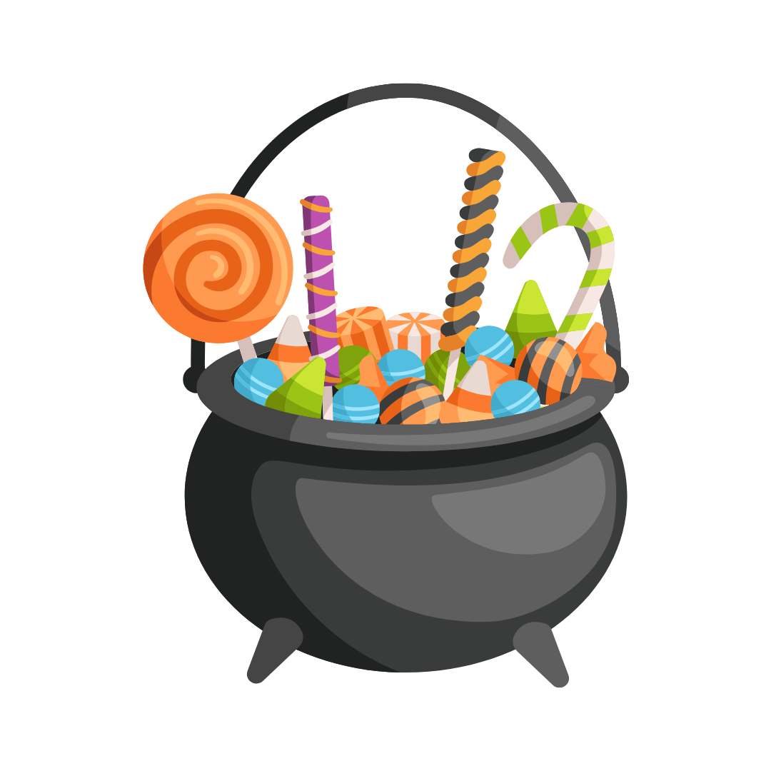 A cauldron filled with halloween candy and lollipops.