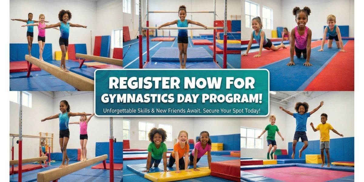 Children doing gymnastics on various apparatuses in a gym. 