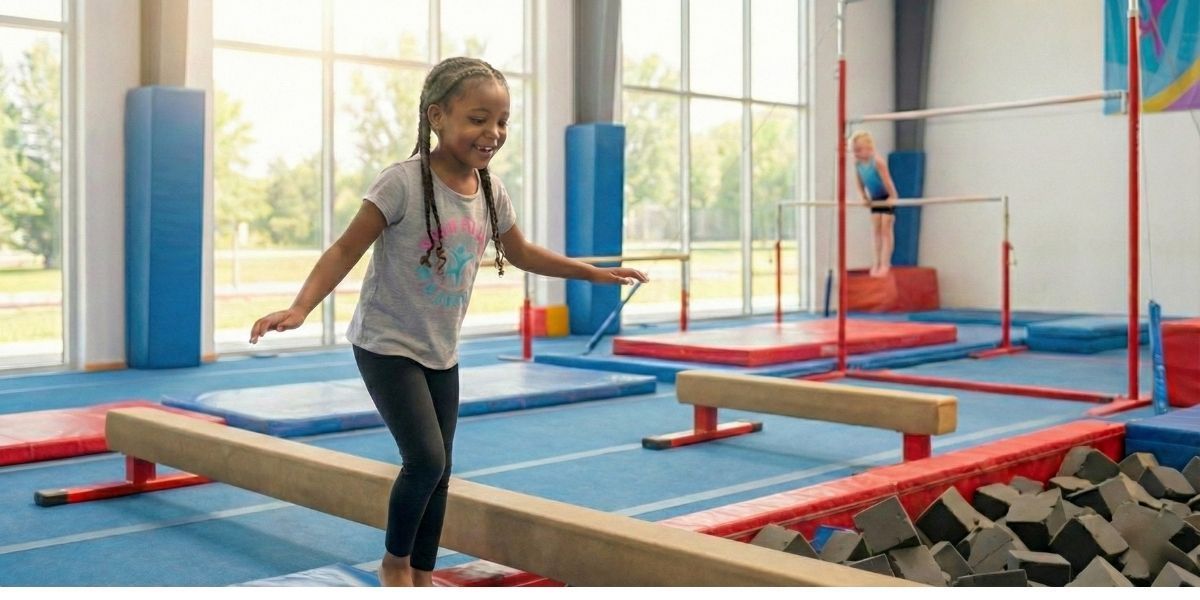 Girl balances on a beam in a gymnastics gym with a smile. Red mats and bars are visible.