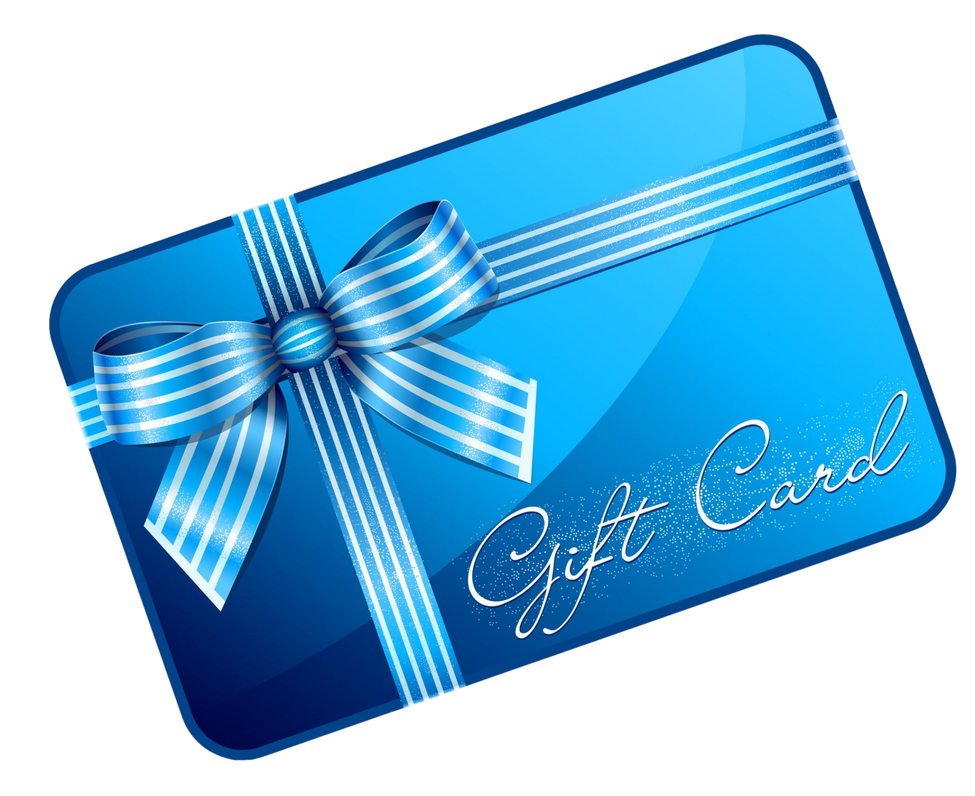 A blue gift card with a blue ribbon and bow