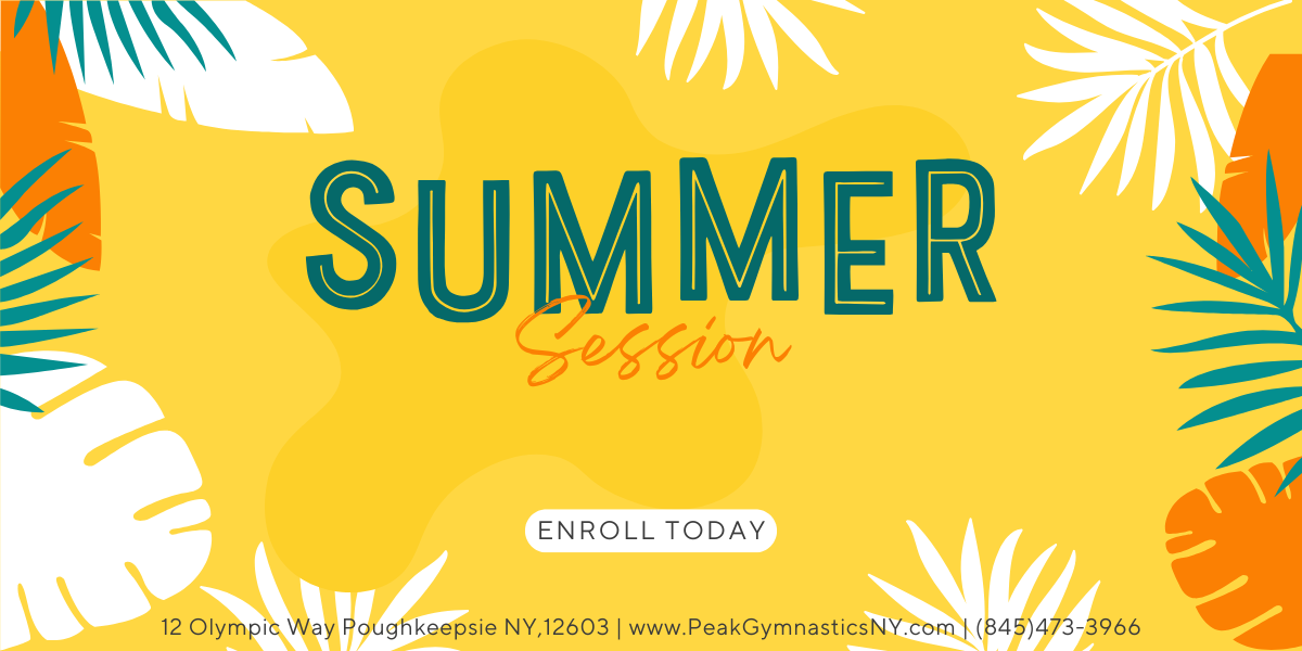 The word summer is on a yellow background with palm leaves.