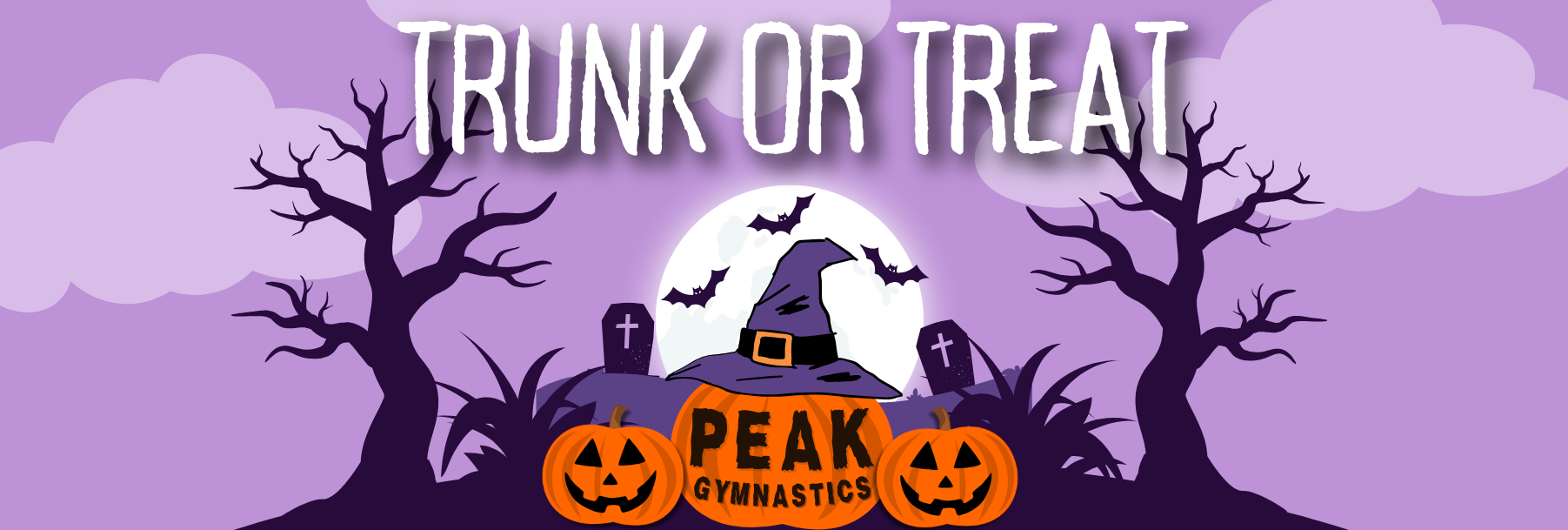 A trunk or treat sign for peak gymnastics with pumpkins and trees.