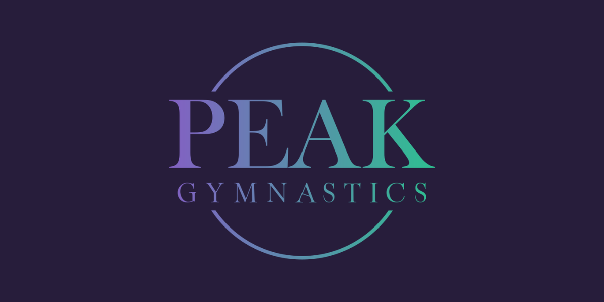 The logo for peak gymnastics is on a purple background.