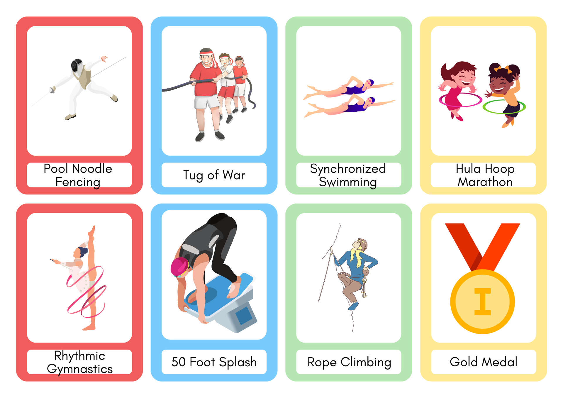 A set of cards with different types of sports on them.