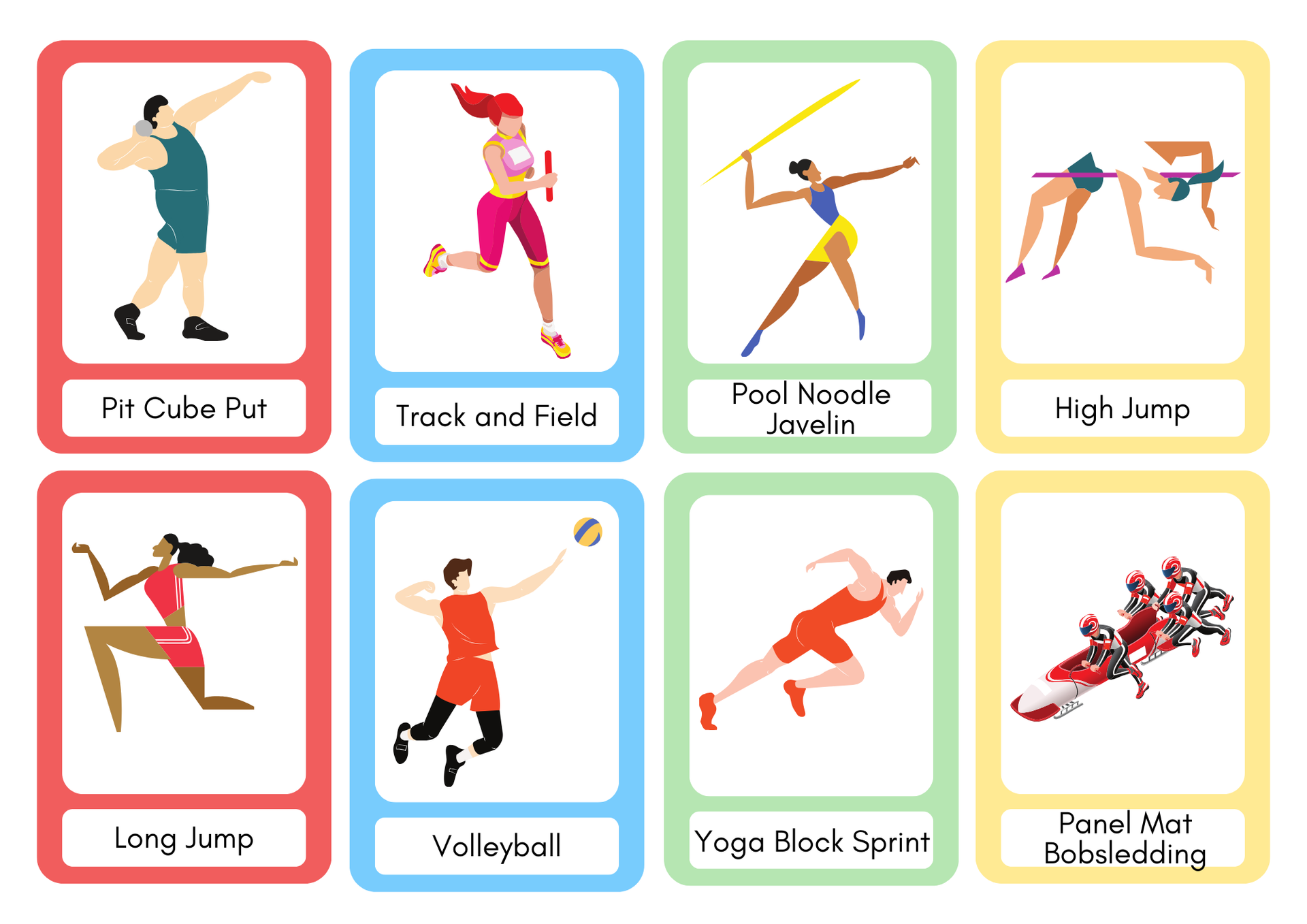 A set of cards showing different types of sports.