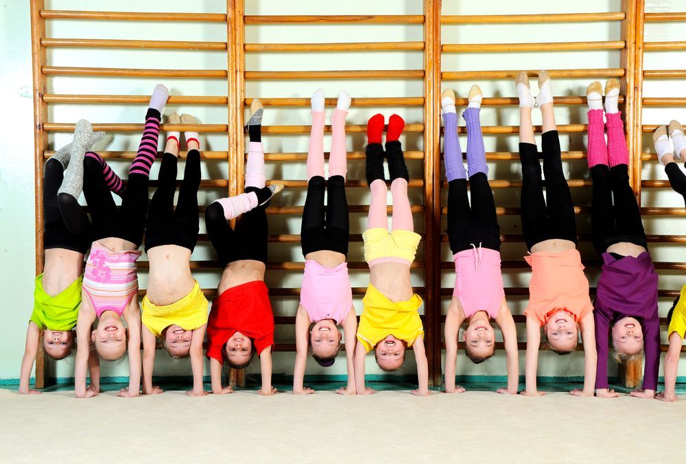 A group of children are doing handstands in a gym.