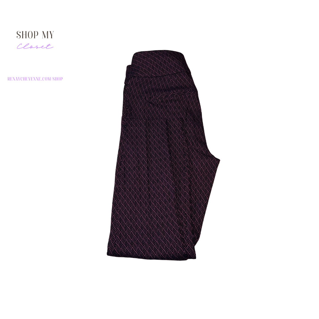 A pair of New York and Company dress stretch pants in a burgundy and black pattern. The pants are size large and have a flattering fit. The fabric is comfortable and stretchy, and the pattern is both stylish and sophisticated. The pants are perfect for a night out on the town or for a day at the office.