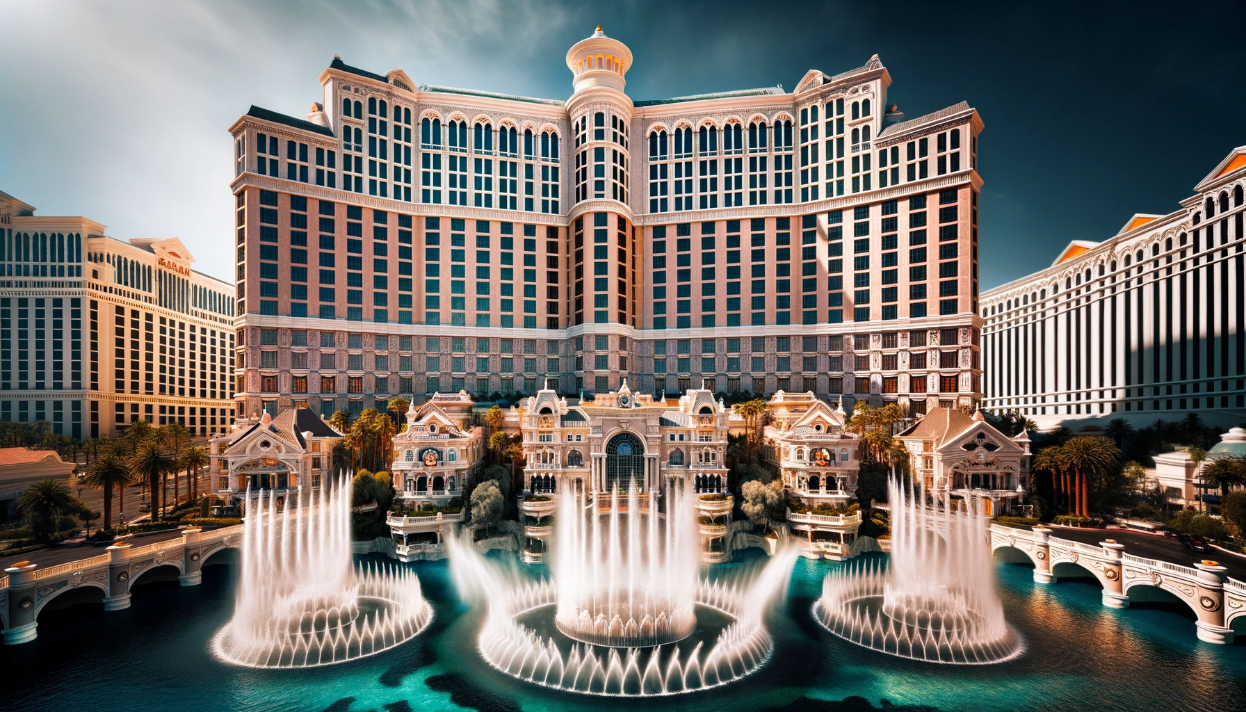 A grand hotel reminiscent of iconic Las Vegas architectures, highlighted by a magnificent water foun