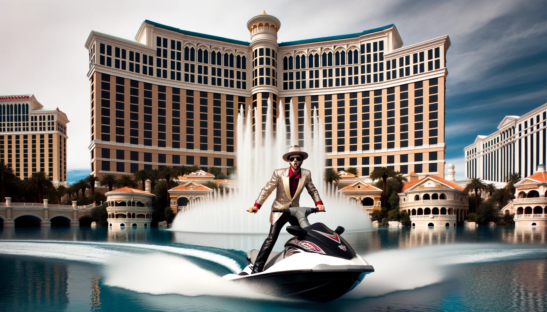 A luxurious Las Vegas-style hotel with a dazzling fountain show. A stylish man with a fedora and flashy jacket rides a jet ski amidst the fountain sprays
