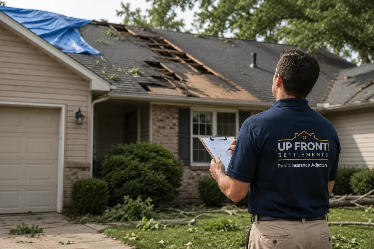 Adjuster inspecting roof: should you hire a public adjuster before filing a storm damage claim.