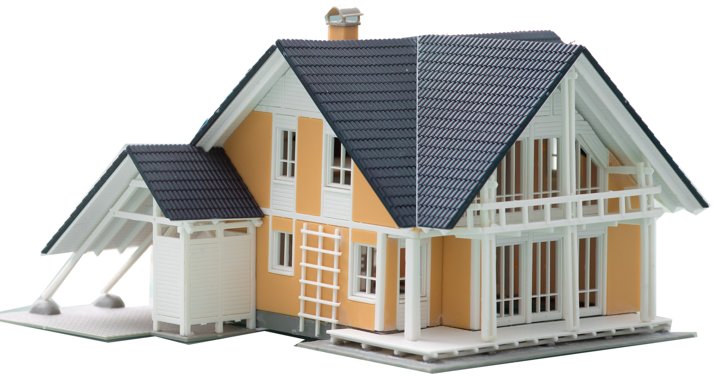 Model of a modern house with a yellow exterior, dark blue roof, and white trim.