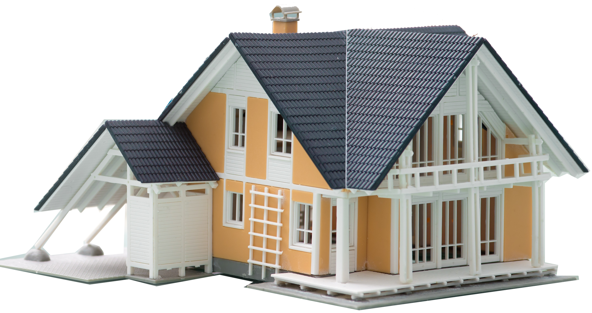 Model of a modern house with a yellow exterior, dark blue roof, and white trim.