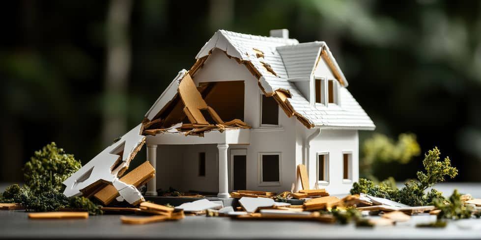 A model house is damaged, with the roof and walls partially collapsed.