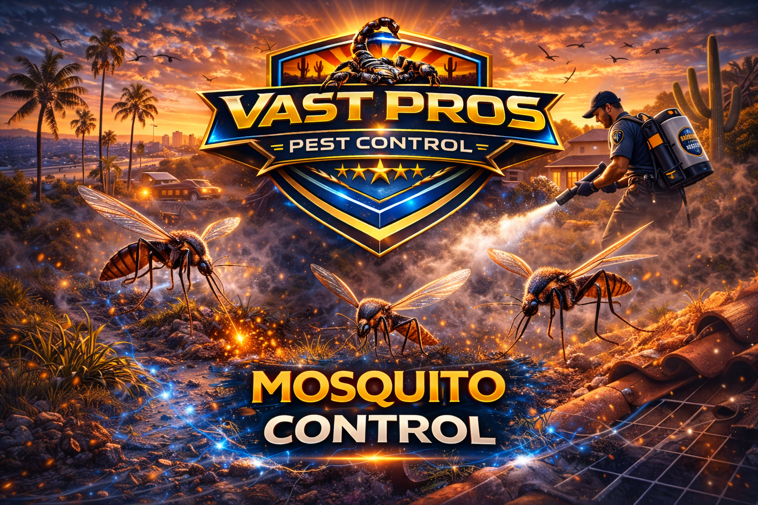 A mosquito in mid-air with long legs and wings; trees and sky in background.