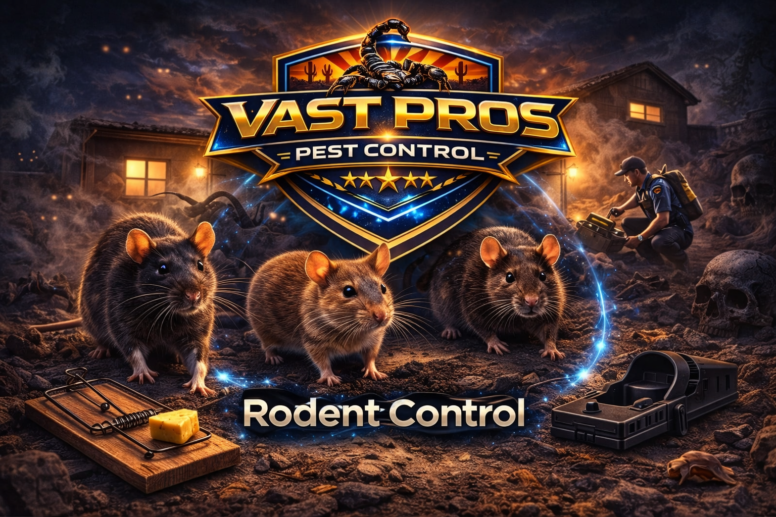 Person in blue gloves placing blue rodenticide bait pellets into a black bait station outside.