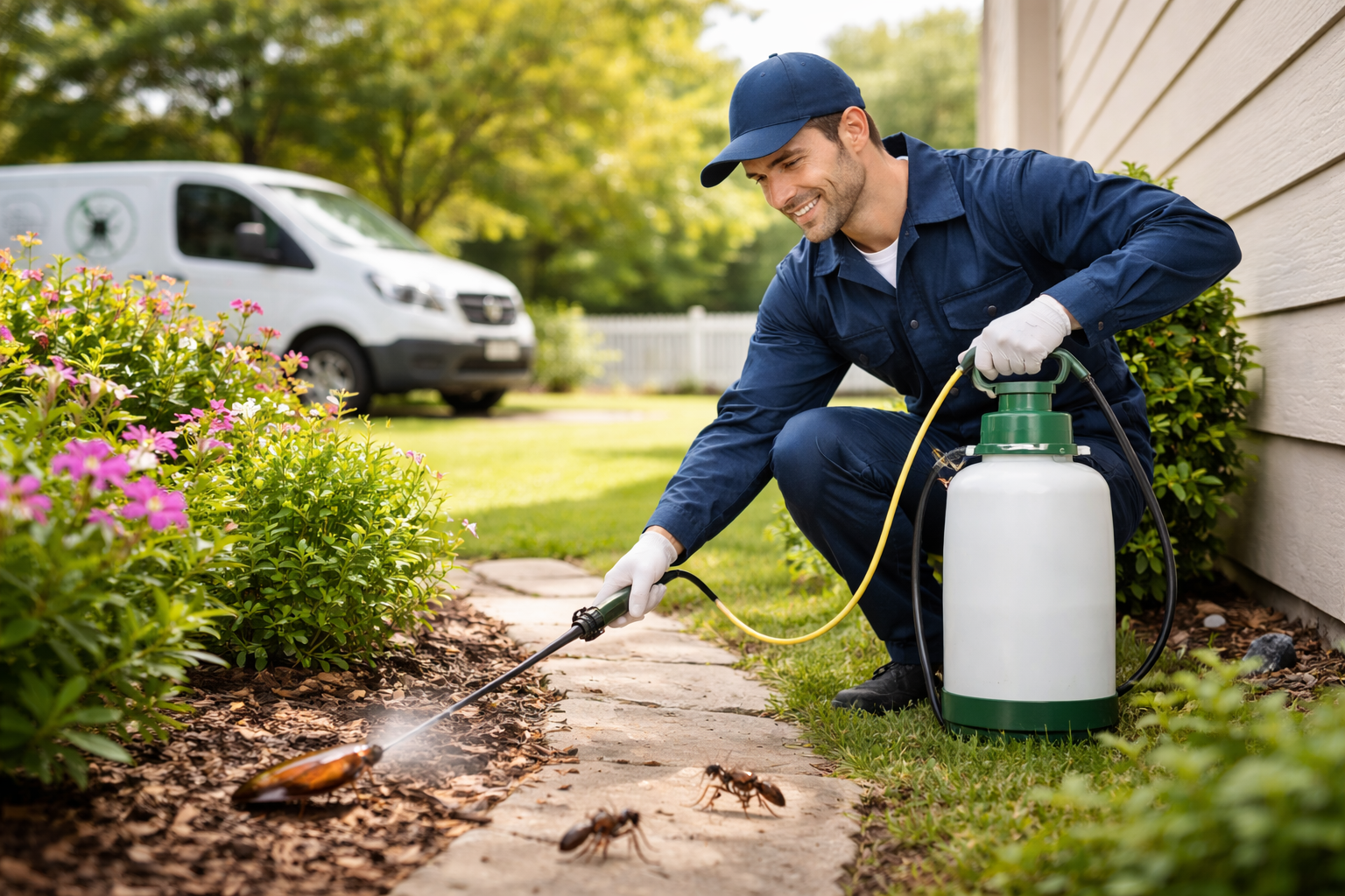 Pest control technician spraying insecticide near a house. White van, green sprayer, and insects are visible.