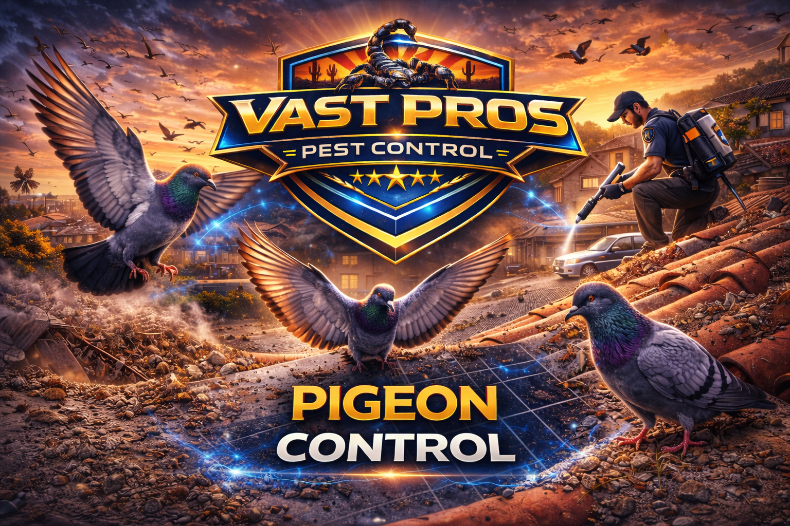 A wind-powered garden ornament atop a roof with bird spikes. Sunny sky and trees in the background.