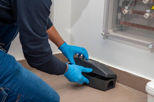 Person wearing gloves placing a black rodent trap near a wall and a utility panel.