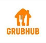 a logo for grubhub with a fork and spoon in the shape of a house .