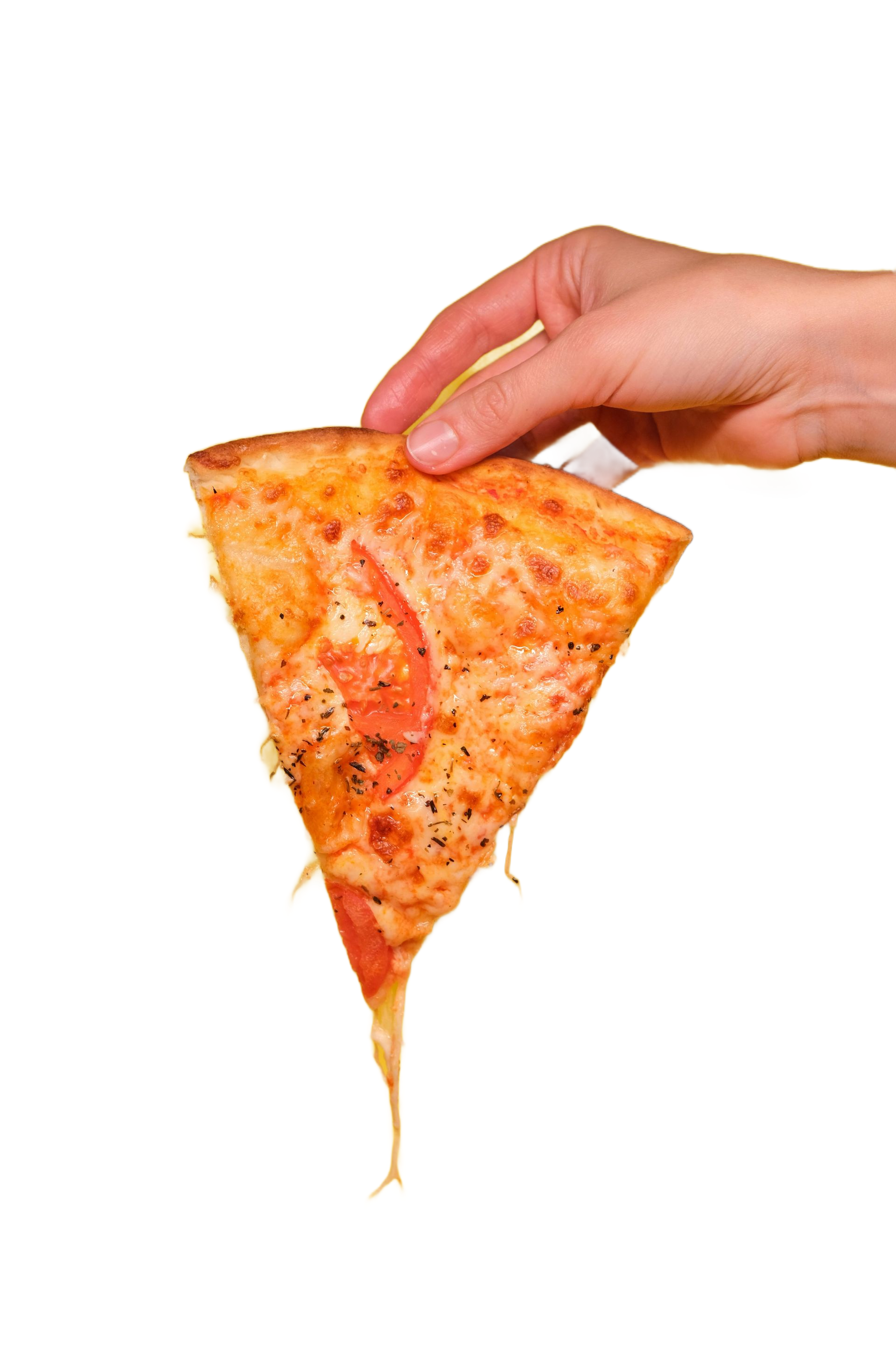 Hand holding a slice of pizza, cheese stretching down.
