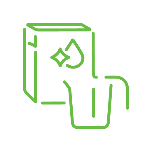 A green line icon of a laundry detergent box and a measuring scoop.