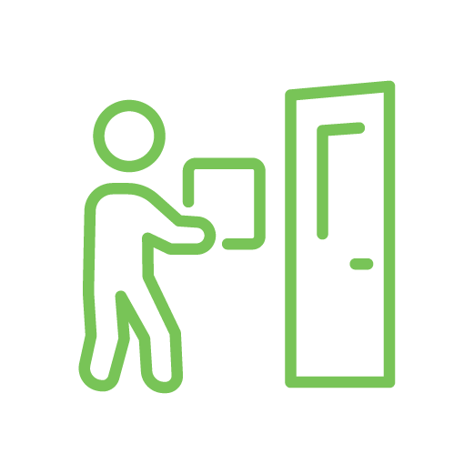 A green line icon of a person carrying a package toward a doorway.