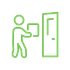 A green line icon of a person carrying a package toward a closed door.