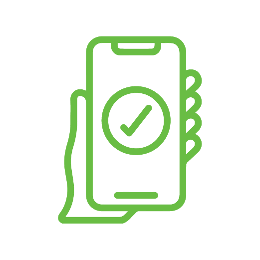 A green line-art icon of a hand holding a smartphone, displaying a checkmark in a circle to indicate success or completion.